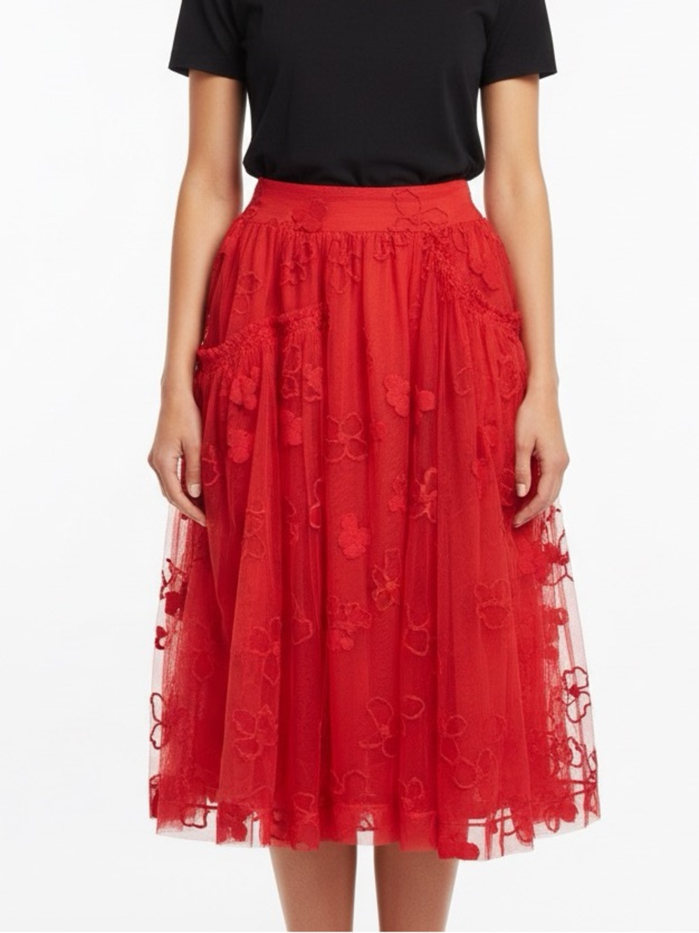 Simone Rocha Red Floral Tulle Midi Skirt Uk 6 Sheer Embroidered Made In Italy